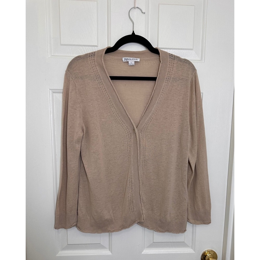 Pendleton Womens XL Tan Beige Linen Cotton Blend V-Neck Cardigan Sweater